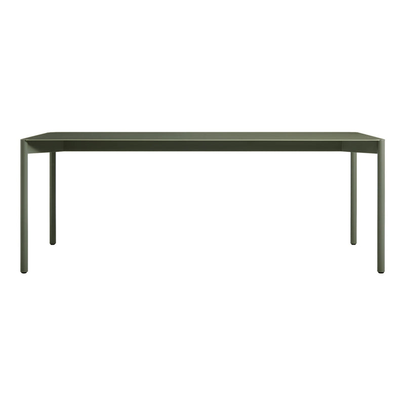 Green modern dining table with a sleek, minimalist design and solid rectangular top. Perfect for contemporary decor.