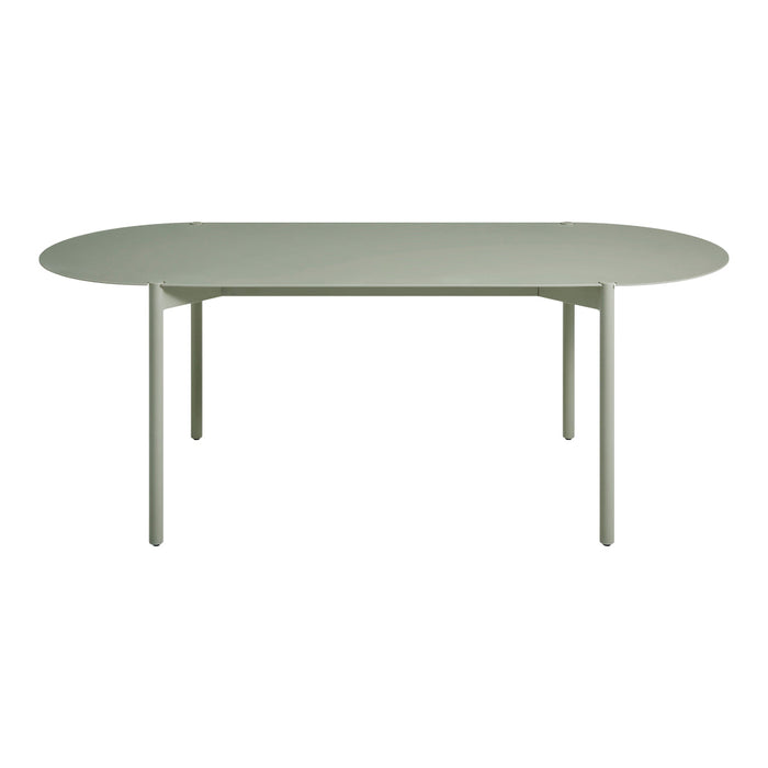 Light green oval dining table with a smooth finish and minimalist design. Perfect for modern interiors.