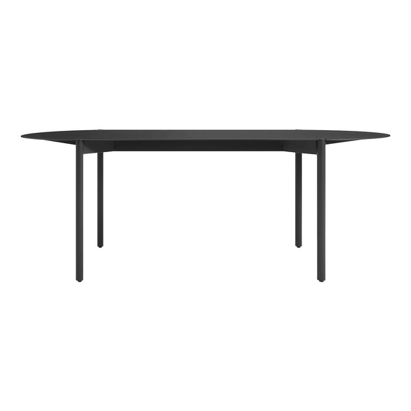 Black dining table with a sleek, modern design and smooth surface. Minimalist style complements various decor.