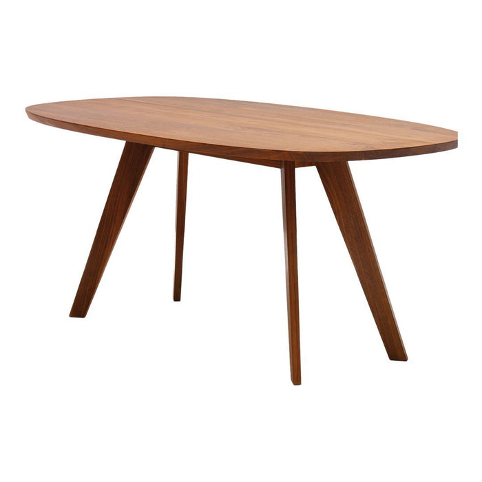 "Mid-century oval wooden table with a warm brown finish and angled wooden legs, featuring a smooth, minimalist design."