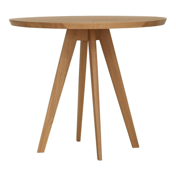Round wooden table with a natural oak finish and sleek, minimalist design. Perfect for modern decor.