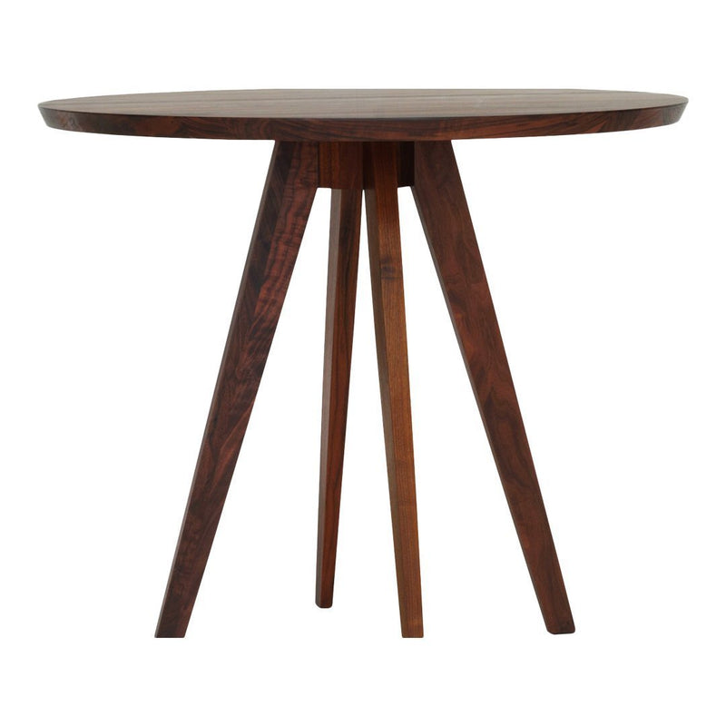 Round wooden table with a rich dark brown finish and natural wood accents on the tapered legs.
