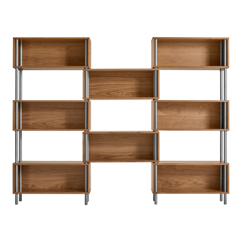 Modern wood bookshelf in warm brown finish with metal accents, featuring a sleek, geometric design.