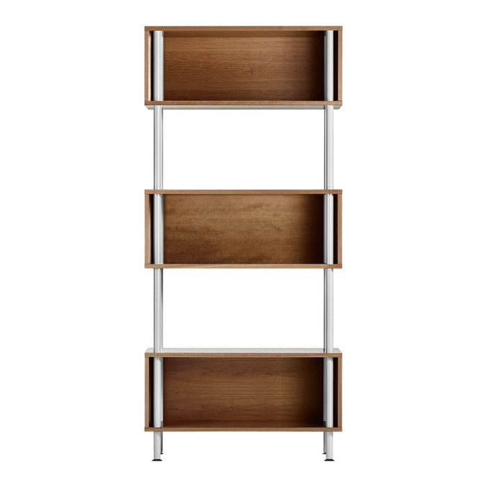 Wooden shelves with a rich brown finish, accented by sleek silver metal supports. Modern and minimalist design.