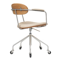 Tan wood and cream upholstered swivel office chair with silver chrome legs and a minimalist design.