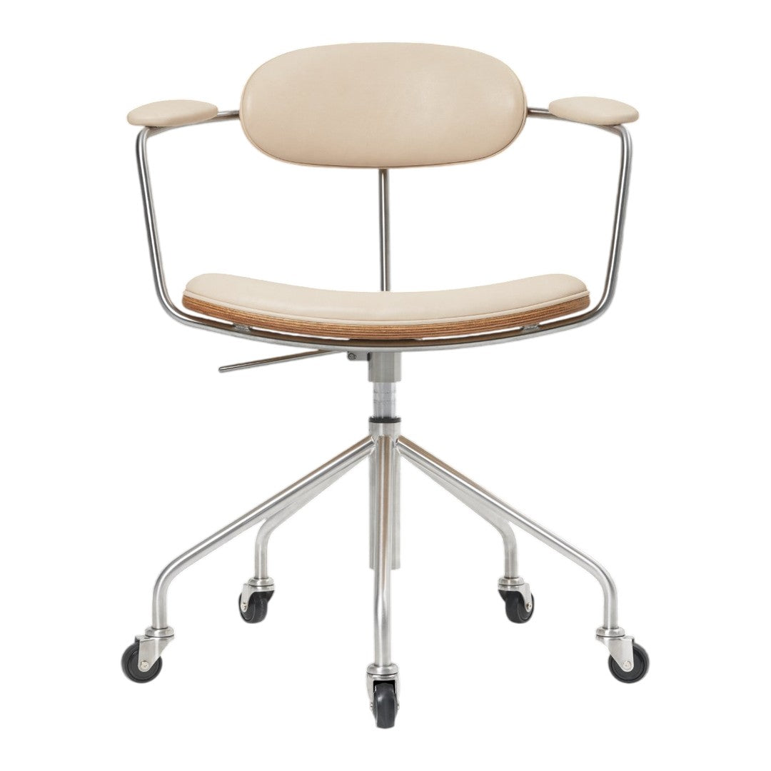 Beige upholstered office chair with chrome base and minimalist design, featuring smooth lines and simple elegance.