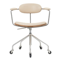 Beige upholstered office chair with chrome base and minimalist design, featuring smooth lines and simple elegance.