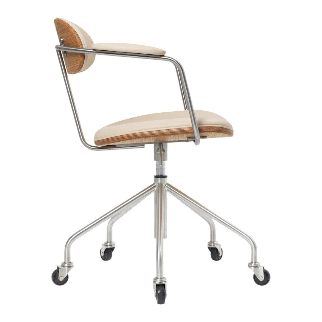 Light oak wood seat and backrest with a sleek chrome frame, featuring a modern minimalist design.