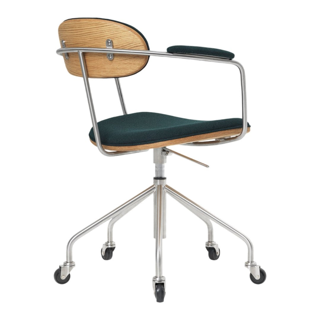 "Stylish green upholstered office chair with a natural wood back and sleek silver metal frame, featuring a contemporary design."