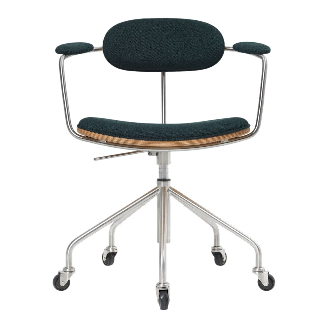 Green upholstered office chair with a sleek chrome base and wooden accents, featuring minimalist design and modern style.