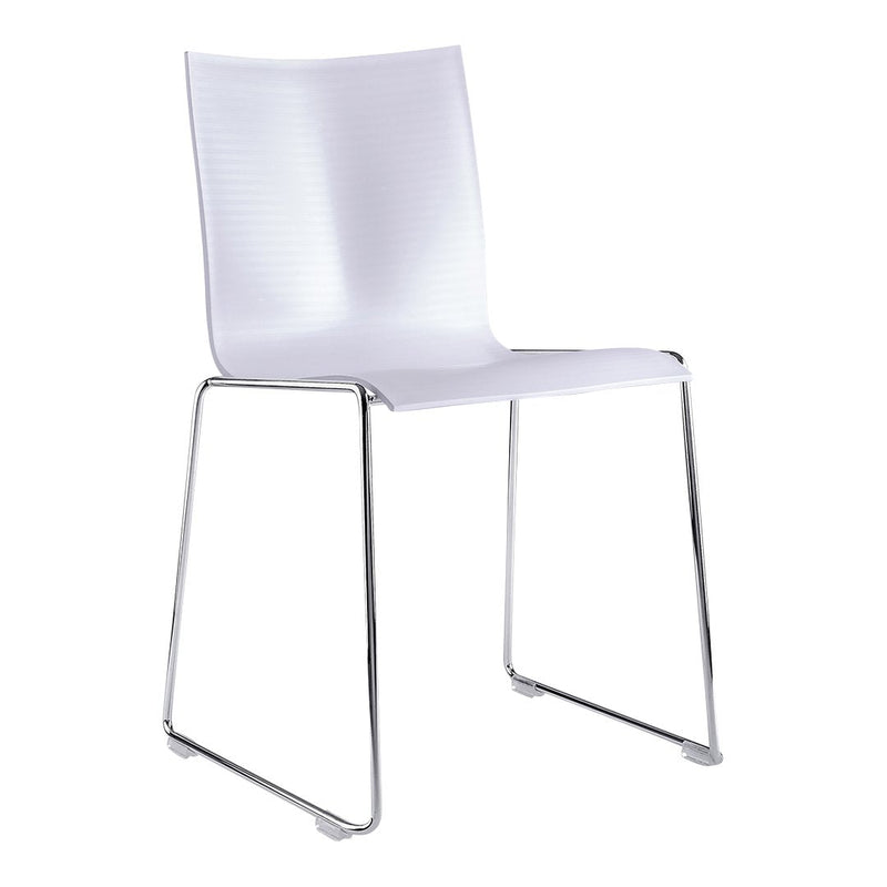 White modern chair with a sleek, smooth surface and minimalist design, featuring subtle texture and chrome legs.