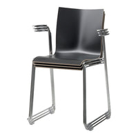 Sleek black chair with a smooth finish and chrome armrests, featuring a minimalist design for modern interiors.