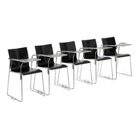Set of five sleek black chairs with minimalist design, featuring chrome legs and attachable writing surfaces.