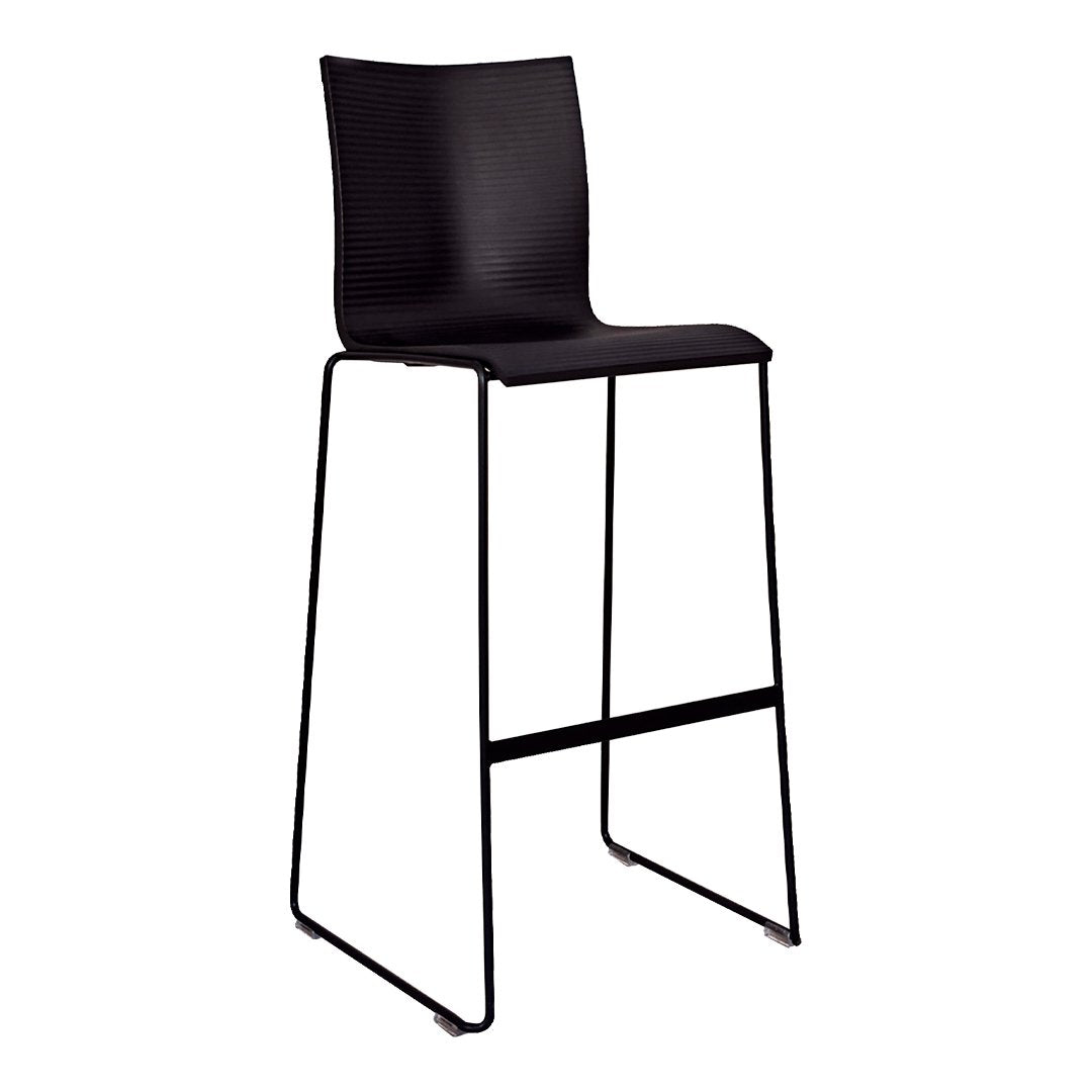 Black modern bar stool with a sleek, minimalist design and a metal frame. Ideal for contemporary spaces.