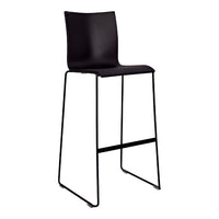 Black modern bar stool with a sleek, minimalist design and a metal frame. Ideal for contemporary spaces.