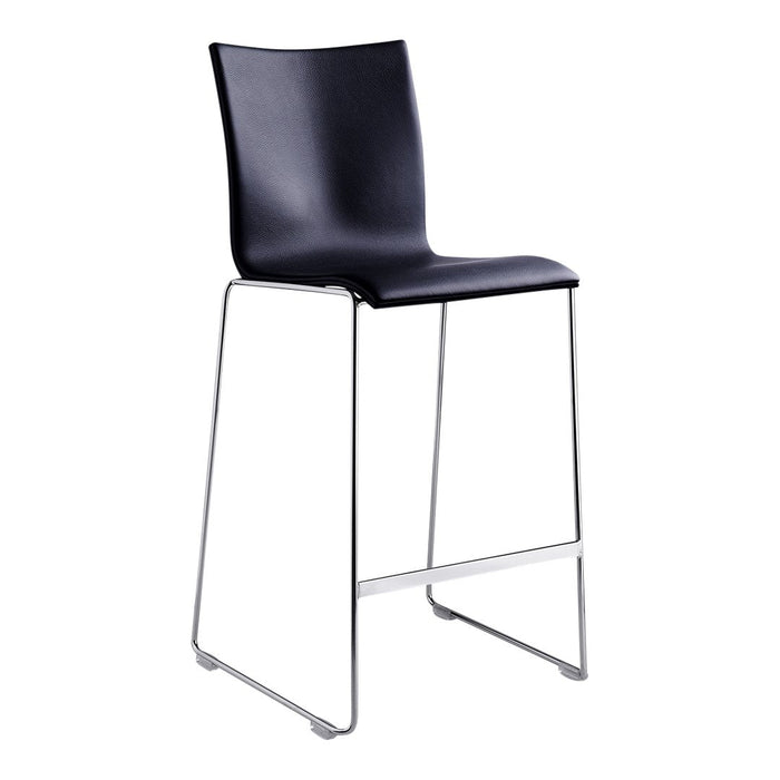 Black modern bar stool with a sleek design and chrome legs, perfect for contemporary dining spaces.