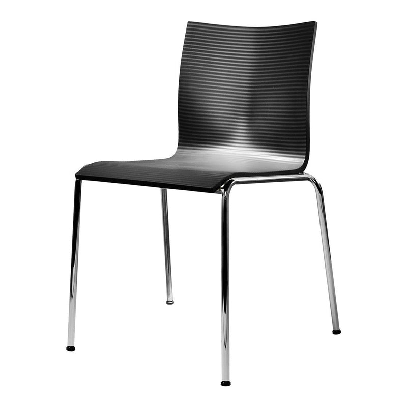 Black striped chair with a sleek chrome frame, perfect for modern decor. Stylish and functional design.