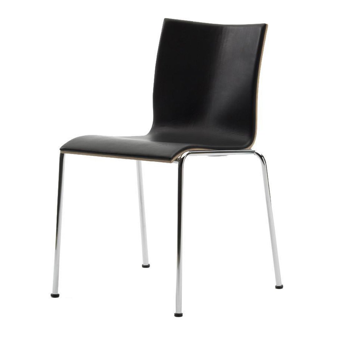 Sleek black chair with a smooth surface and chrome legs, modern design enhances any decor.