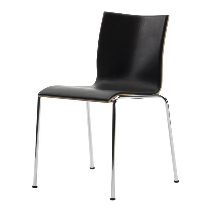 Sleek black chair with a smooth surface and chrome legs, modern design enhances any decor.