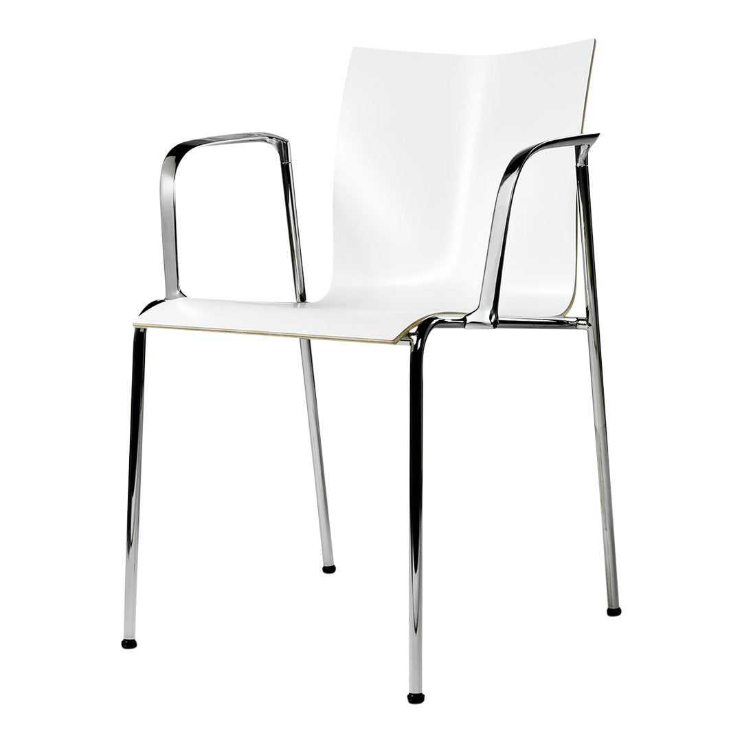 White chair with a sleek, minimal design and shiny chrome legs, perfect for modern decor.