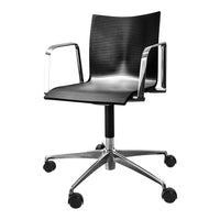 Black striped office chair with chrome accents and rolling wheels. Modern design for stylish workspace decor.