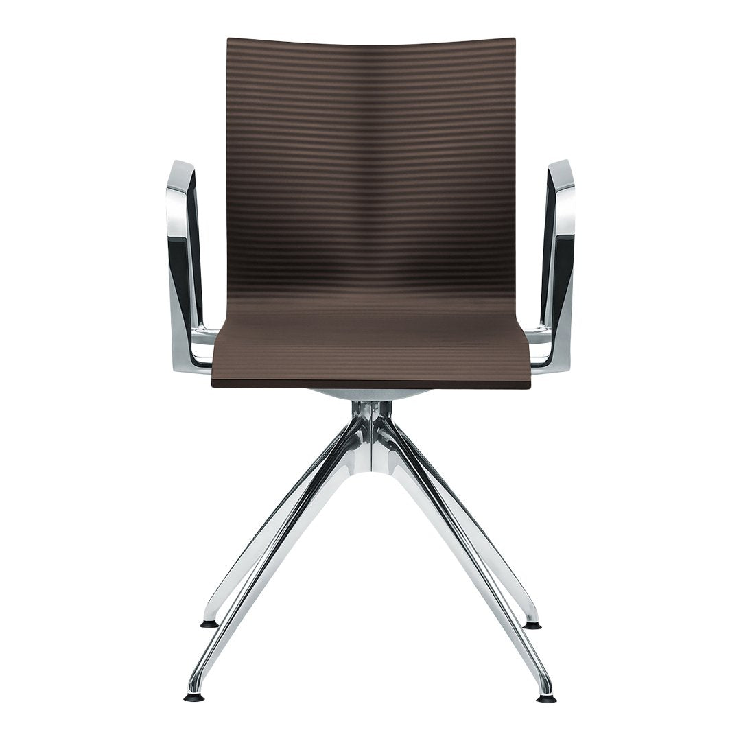Brown ribbed chair with chrome arms and base, featuring a modern design. Perfect for stylish office or home decor.