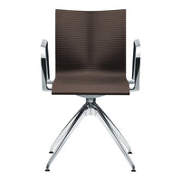 Brown ribbed chair with chrome arms and base, featuring a modern design. Perfect for stylish office or home decor.
