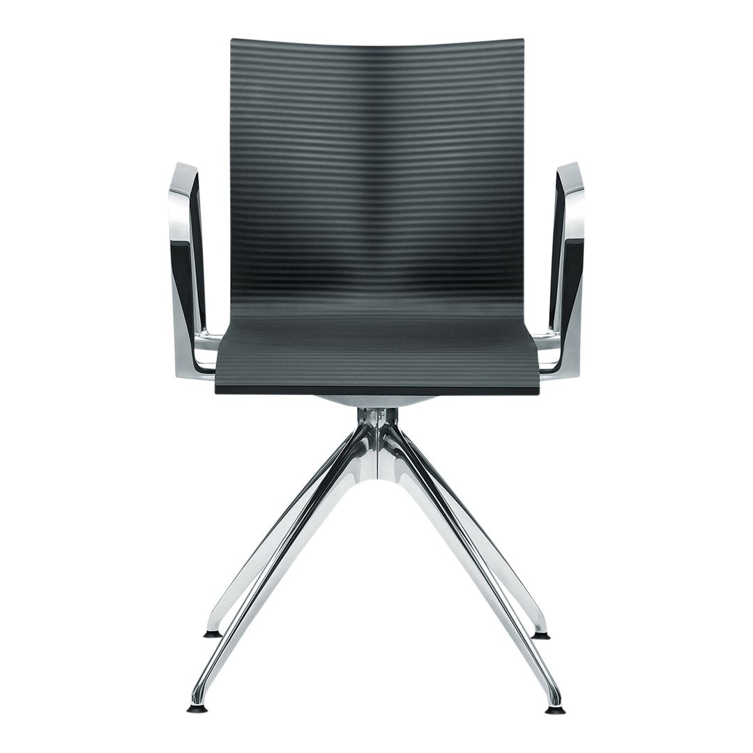 Black ribbed chair with chrome accents and a sleek, modern design. Perfect for contemporary home or office decor.
