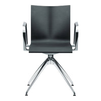 Black ribbed chair with chrome accents and a sleek, modern design. Perfect for contemporary home or office decor.