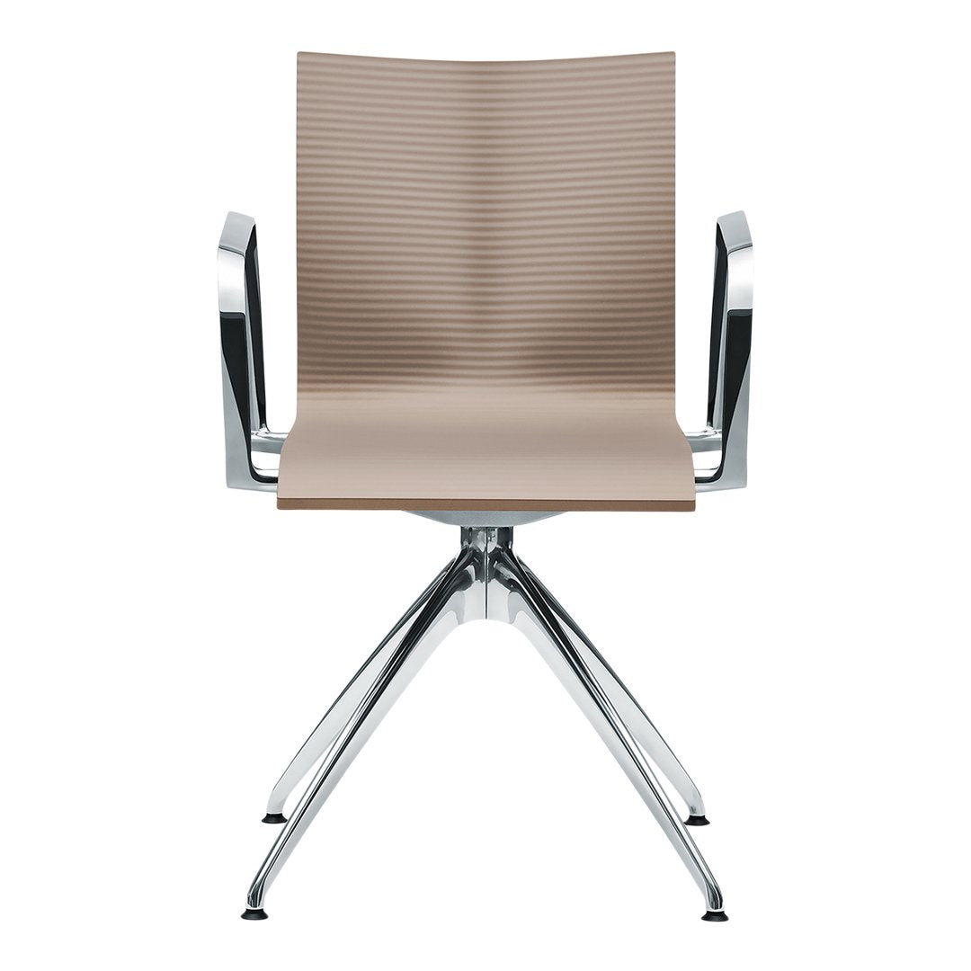 Modern beige chair with horizontal ribbed pattern and sleek chrome arms and base. Perfect for contemporary decor.
