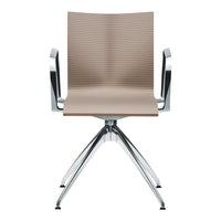 Modern beige chair with horizontal ribbed pattern and sleek chrome arms and base. Perfect for contemporary decor.
