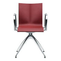 Red ribbed chair with chrome arms and star base, modern design. Perfect blend of color and sleek lines for any space.