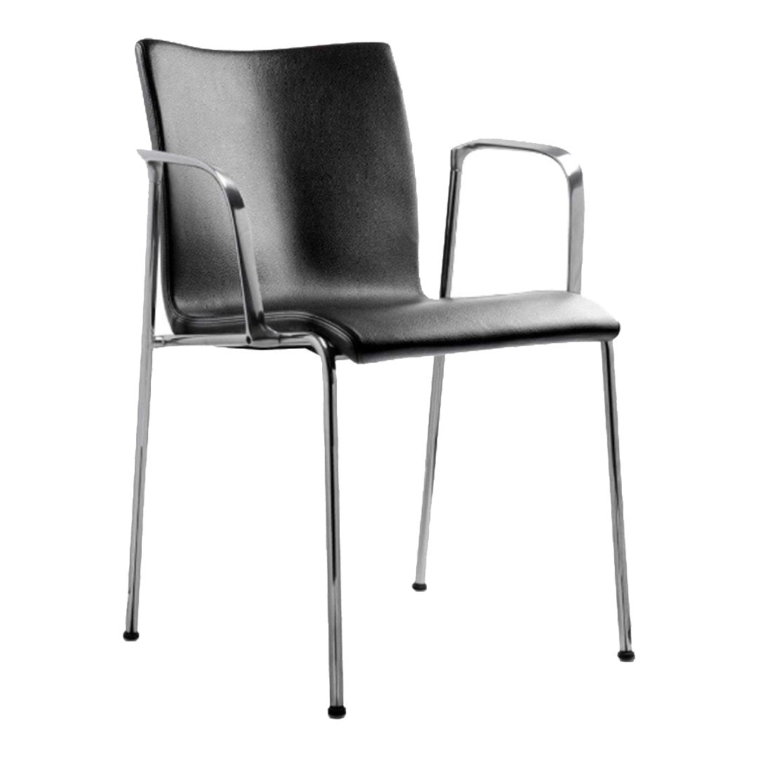 Black molded chair with chrome legs and armrests, featuring a sleek, modern design. Perfect for minimalist decor.