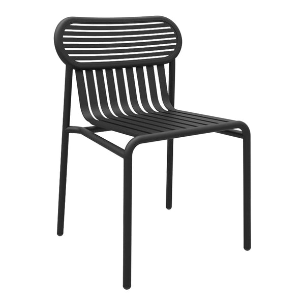 Black slatted chair with a modern, minimalist design featuring vertical and horizontal stripes. Perfect for sleek decor.