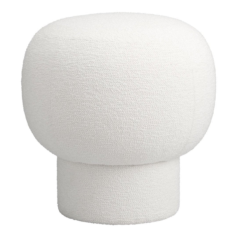 White textured pouf with a rounded shape and soft, fuzzy surface, ideal for modern decor.