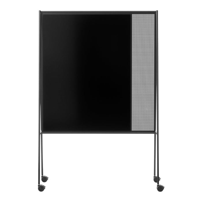 Black board with a textured gray panel on the side, framed in black metal, featuring rolling casters for mobility.