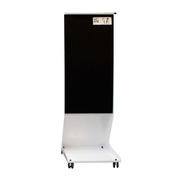 Black and white mobile display stand with a sleek, minimalistic design. Ideal for showcasing products.