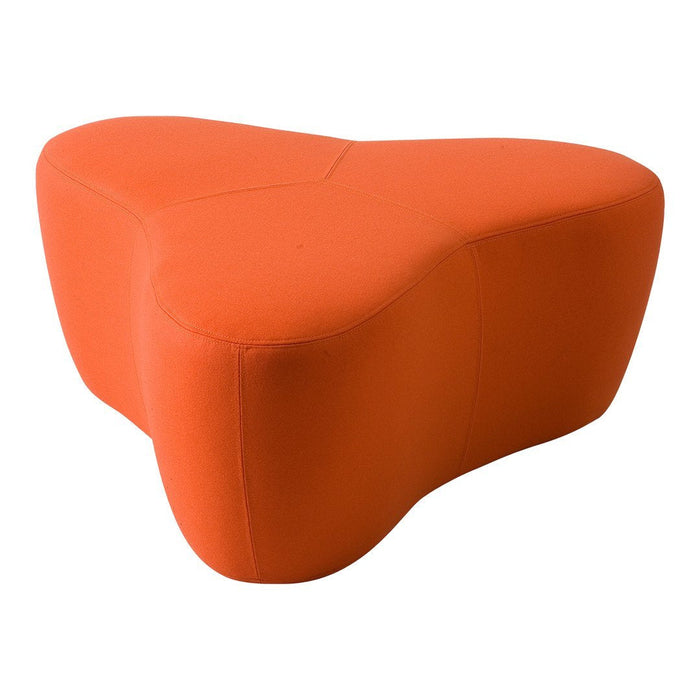 Bright orange triangular ottoman with a smooth, modern design, perfect for colorful and contemporary decor.