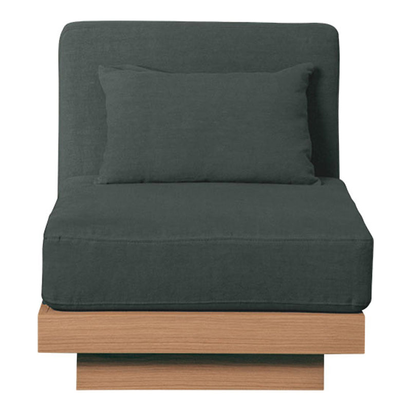 Gray upholstered chair with a minimalist design, featuring a solid wood base and plush matching pillow.