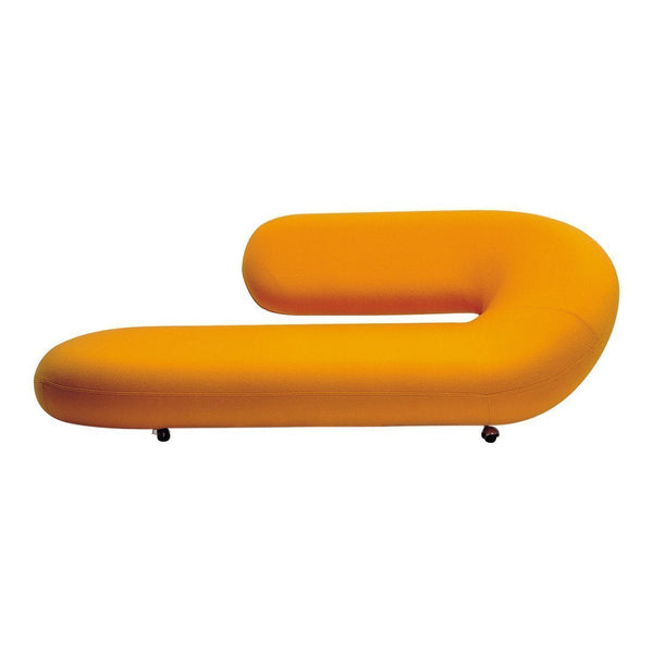 Vibrant orange curved sofa with smooth upholstery and sleek silhouette, perfect for modern decor.