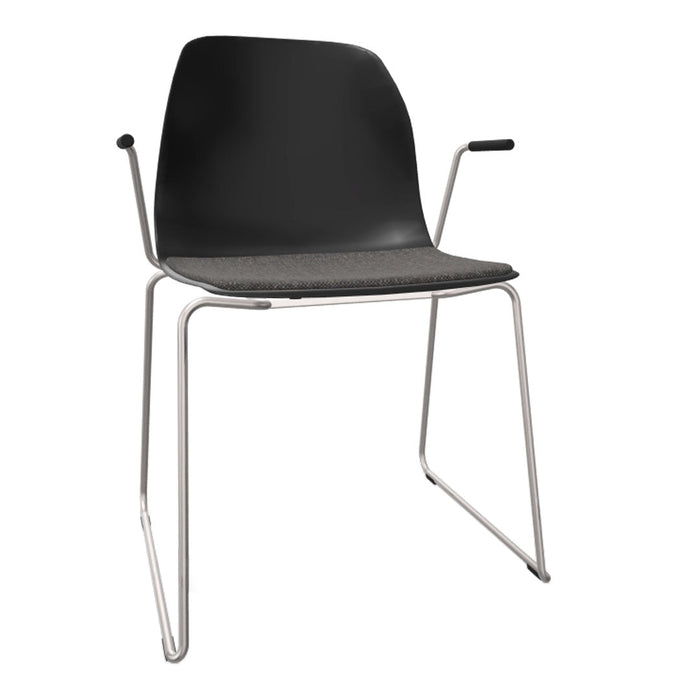 Black chair with a textured gray seat and sleek silver legs, perfect for modern decor.