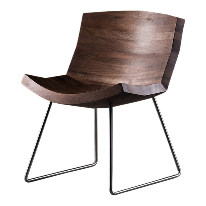 Stylish wooden chair with a rich, dark walnut finish and sleek black metal legs, featuring a smooth, curved design.