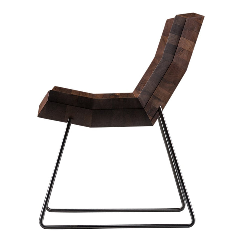 Angled profile of a modern chair with a rich brown wood finish and sleek black metal base. Geometric pattern design.