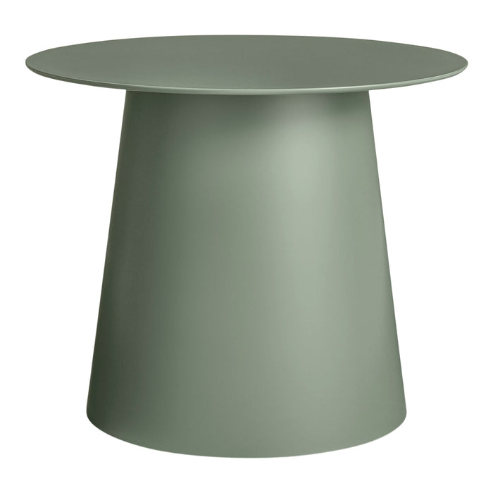 Green minimalist round side table with a smooth, matte finish and a modern geometric shape. Ideal for contemporary decor.