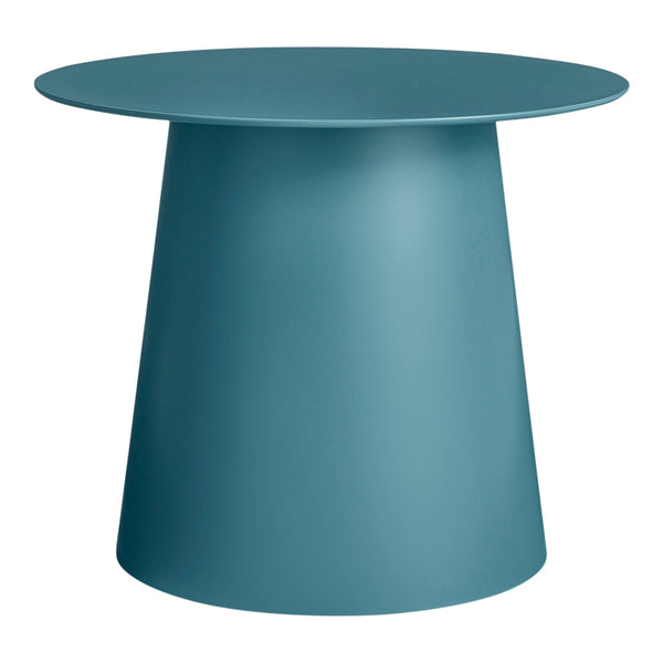 Teal minimalist table with a smooth, solid surface and modern, geometric design. Perfect for contemporary decor.
