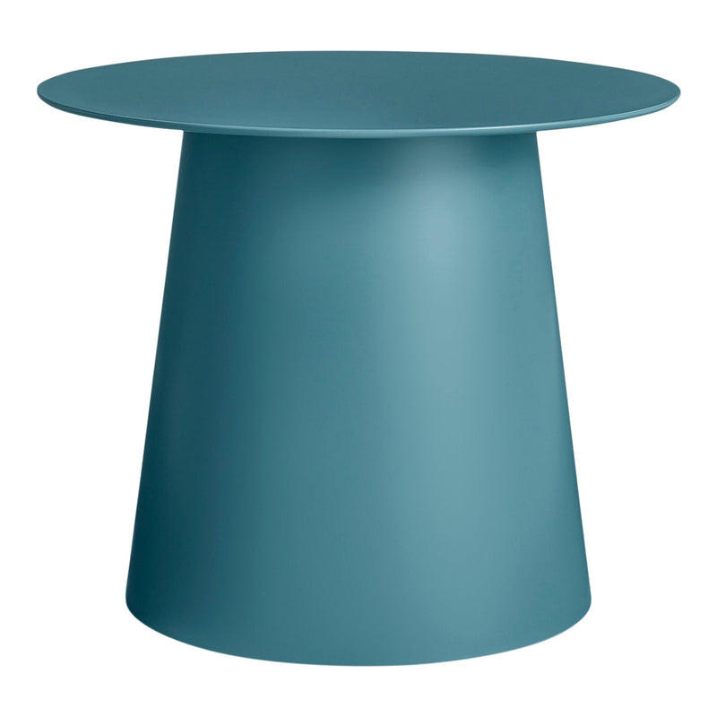 Teal minimalist table with a smooth, solid surface and modern, geometric design. Perfect for contemporary decor.