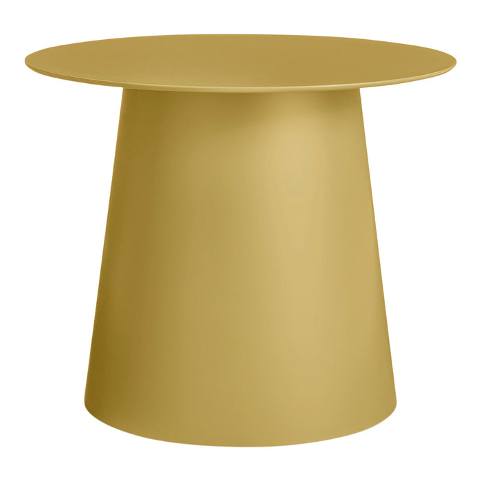 Round golden accent table with a smooth, matte finish and modern, minimalistic design. Perfect for any decor.