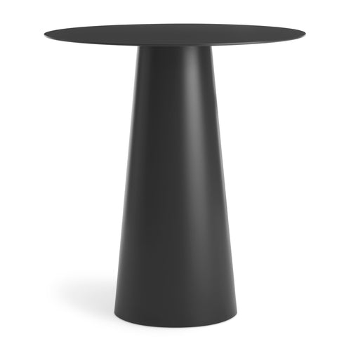 Sleek black dining table with a smooth matte finish and modern geometric shape. Ideal for contemporary decor.