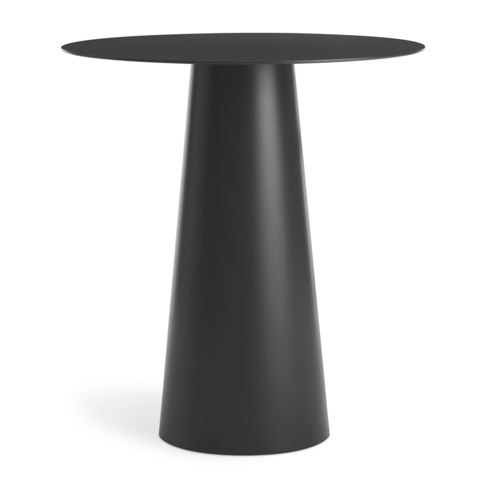 Sleek black dining table with a smooth matte finish and modern geometric shape. Ideal for contemporary decor.