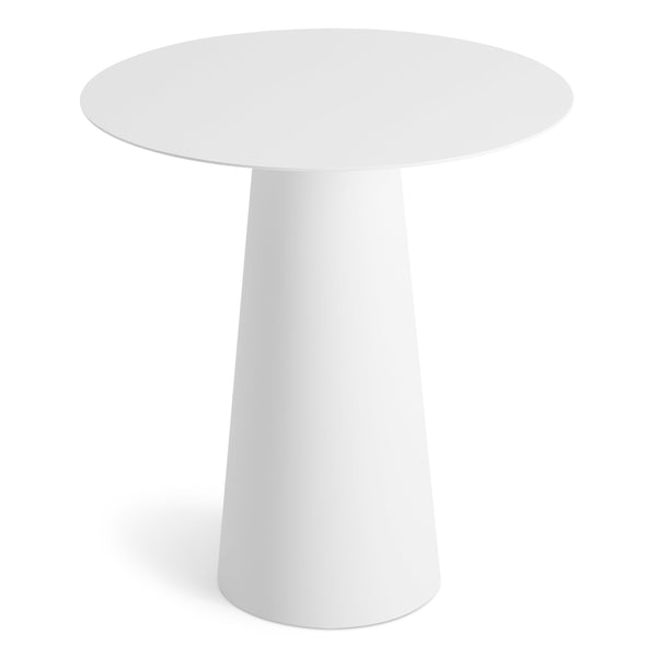 Modern white round table with a minimalist design and smooth, clean surface, perfect for any decor style.